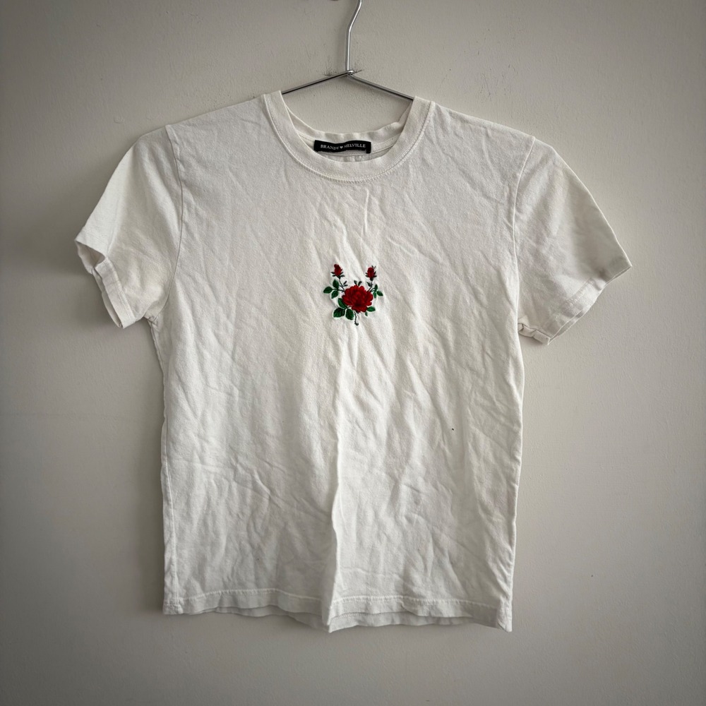 Brandy Melville Rose Embroidered Short Sleeve White Tee Shirt